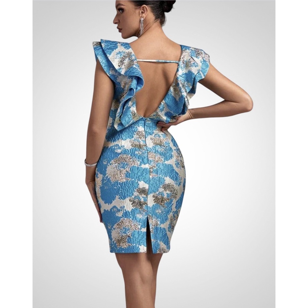 Teal Metallic Brocade Jacquard Dress Ruffle Sleeve V Bodycon Midi Wedding Guest - Picture 5 of 8